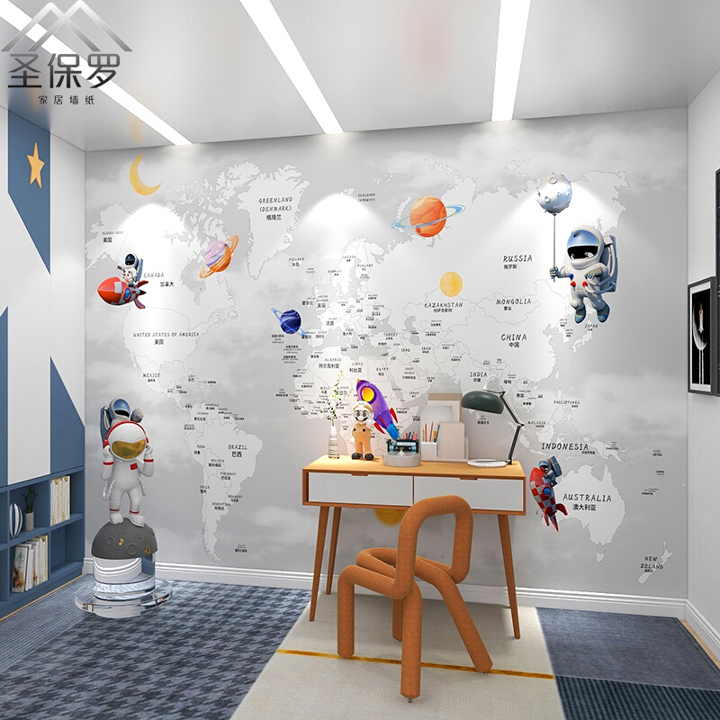 太空宇航员墙布壁布2023新款卧室儿童房男孩墙纸世界地图墙面壁纸