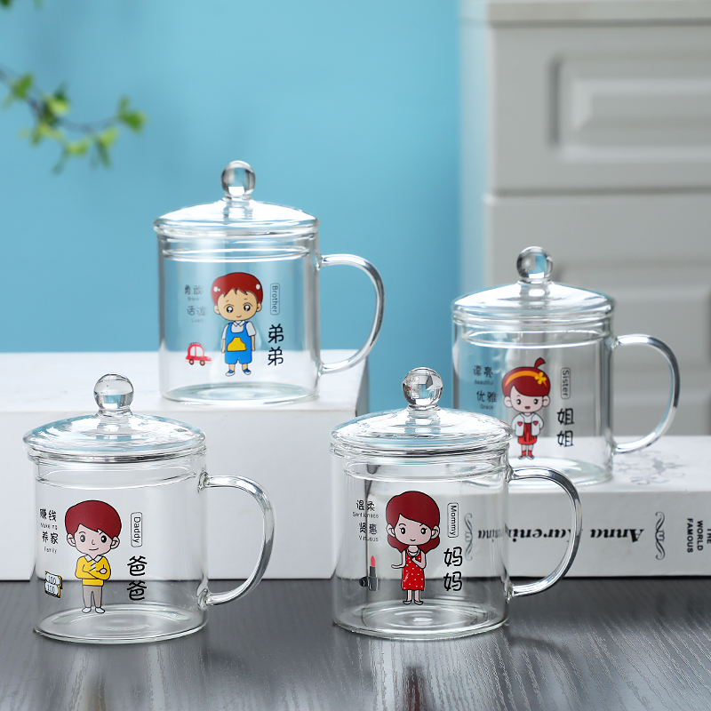 玻璃杯子亲子水杯主题儿童卡通早餐杯加厚耐热家庭带盖牛奶杯套装