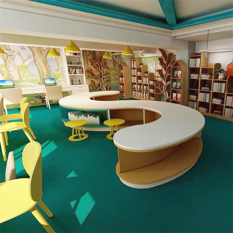 创意S形弧形桌柜一体藏书凳绘本馆软装幼儿园学校图书馆储物书桌