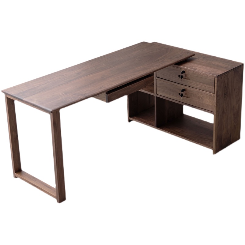 推荐北欧黑胡桃木台式电脑桌简约现代书桌书柜一体转角实木写字办