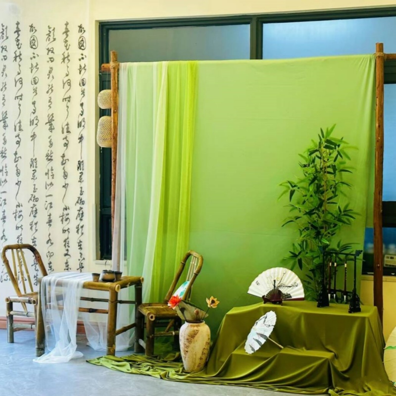 新中式中国风绿色古风户外场景布置背景布纱幔布料书法诗词环创