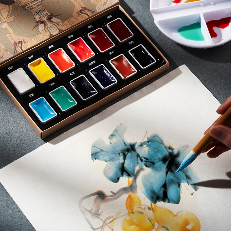 极速12色24色固体国画颜料初学者套装用品工具全套古彩中国画水墨