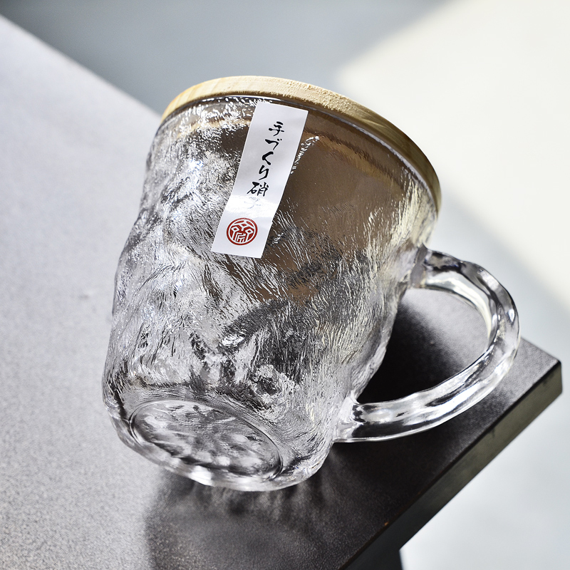 日式冰川纹玻璃水杯子带盖把手女生家用ins风高颜值饮料啤酒茶杯