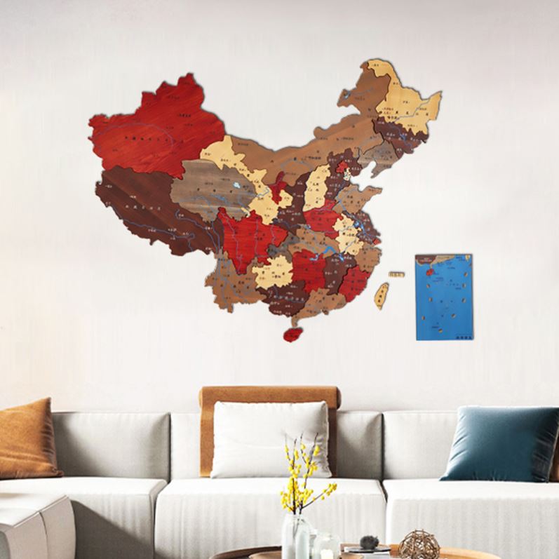 实木中国地图墙面装饰3D立体墙贴拼接挂壁拼图客厅背景壁饰装饰画