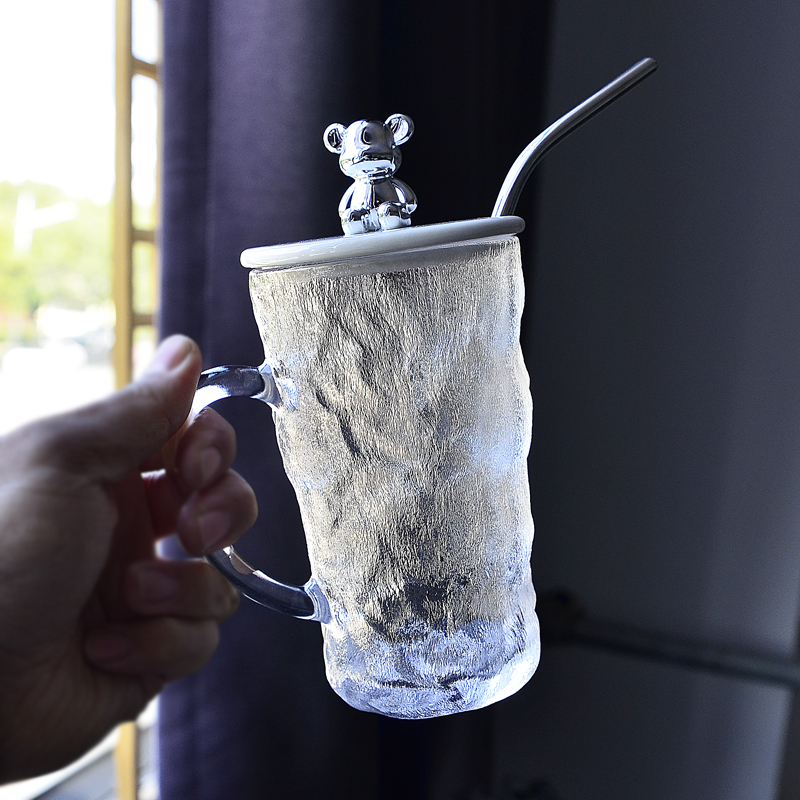 冰川纹玻璃水杯子带盖把可爱女生家用ins风高颜值茶杯咖啡吸管杯
