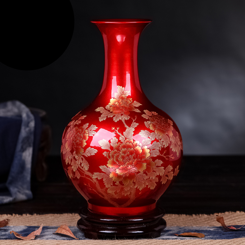 推荐景德镇陶瓷 中国红色餐桌摆件装饰品插花 结婚礼品欧式家居花