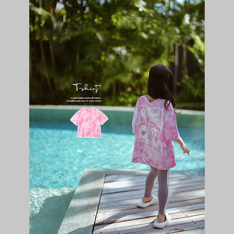 史豌豆童装女童紫粉扎染短袖T恤2024新款夏季儿童洋气宽松上衣