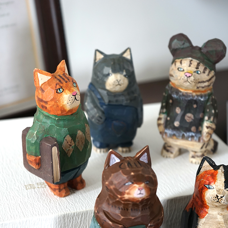 脏脏猫咪手工木雕小摆件木质雕刻动物治愈系创意桌面装饰品博士猫