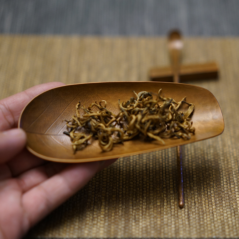 新客减菩提叶小茶则铜茶荷紫铜茶道空间配件手工制作雕刻中式复古