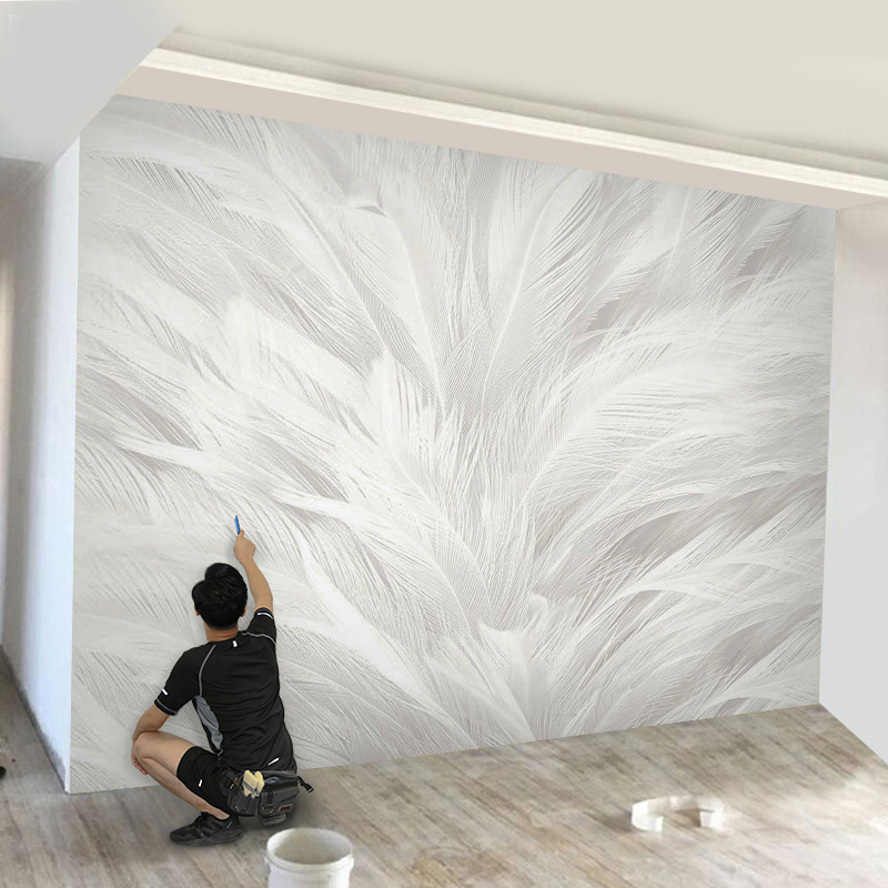 羽毛电视背景墙壁纸新款立体墙布客厅现代简约奶油风墙纸北欧壁画