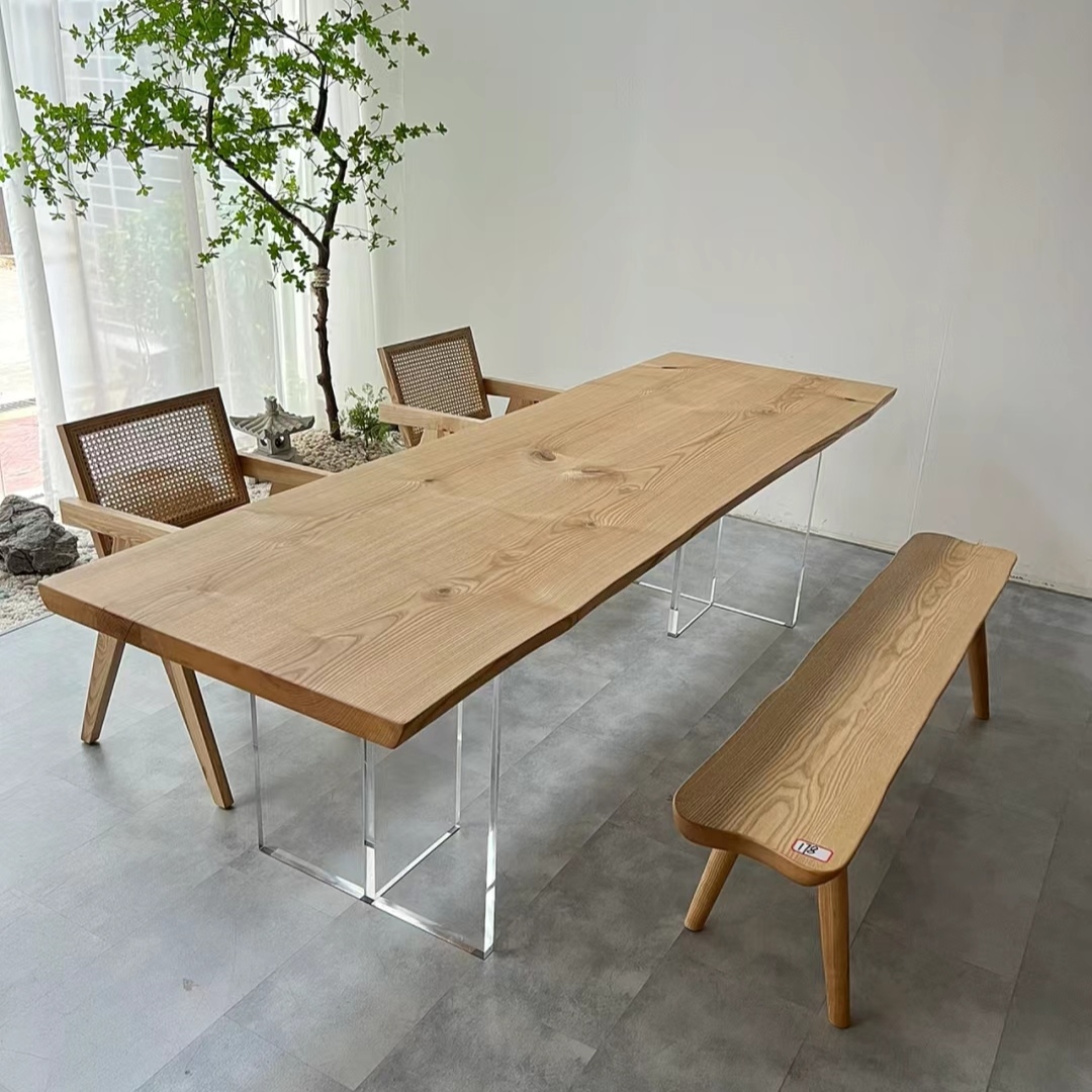 白蜡木悬浮家用餐桌简约小户型饭桌亚克力纯实木书桌长方形大板桌