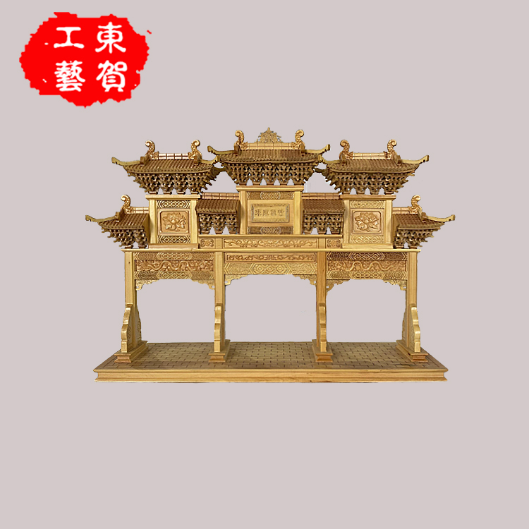 中国木雕挂件家居装饰摆件礼品工艺品古建模型黄杨木一字三门牌坊