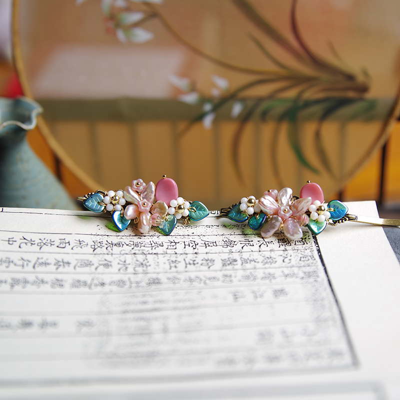 素锦年原创新中式多宝发卡甜美淡水珍珠发夹花朵发饰手作一字夹