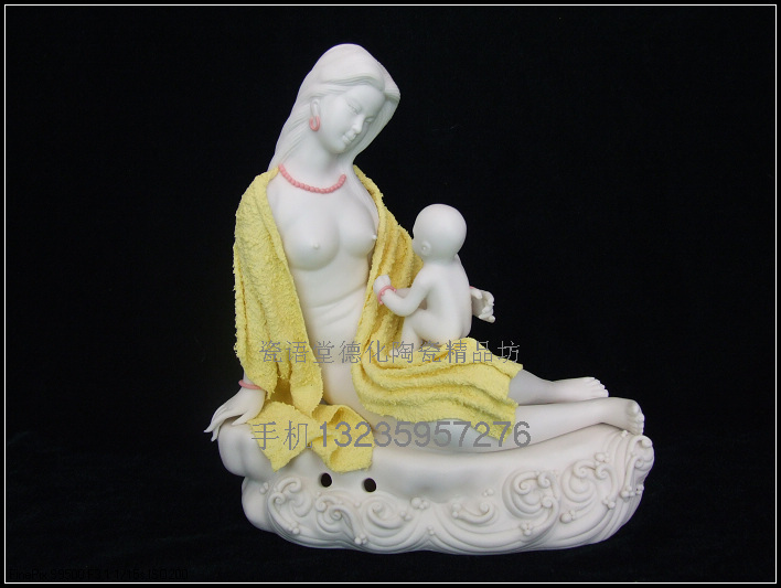 瓷语堂德化陶瓷美仕女雕刻艺术品现代人物母子情白瓷器摆设彩母爱