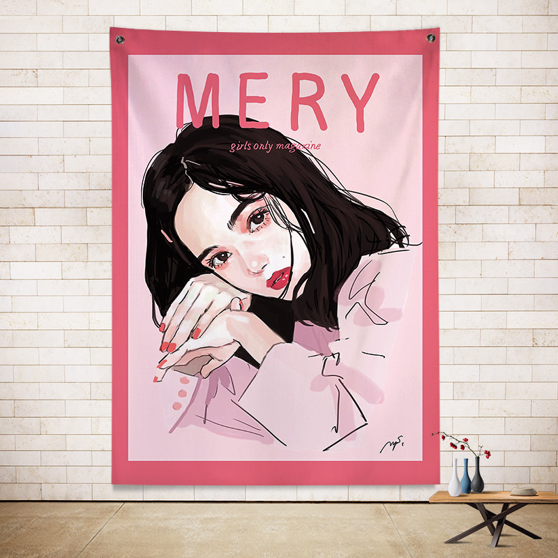 日式手绘风MERY美少女挂布粉色房间网红床头ins装饰墙布自拍背景
