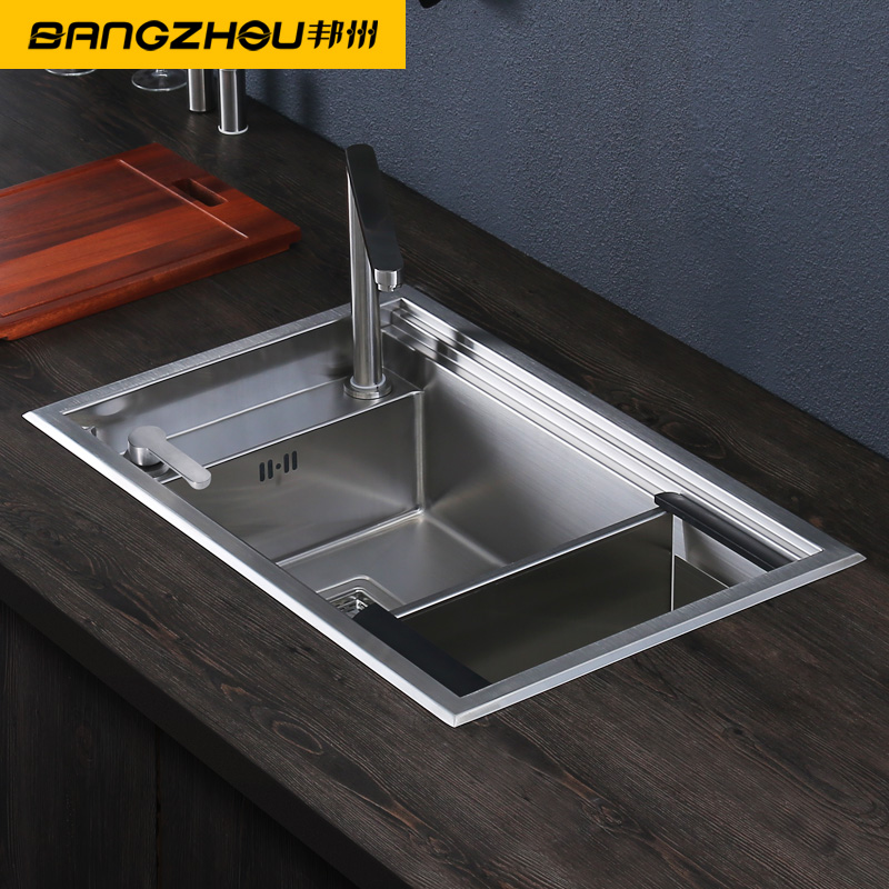邦州 3D隐形水槽单槽304不锈钢 纯手工厨房洗菜盆大单槽配件齐全