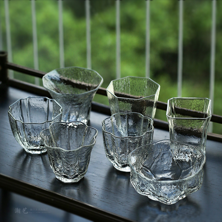 日本磨砂八角品茗杯方形主人杯水晶玻璃锤目纹小茶杯耐热功夫茶具