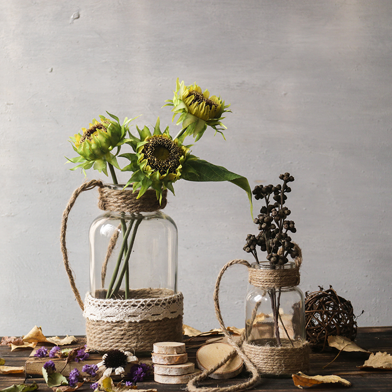 复古 插花客厅花瓶水培玻璃花器创意摆件小干花艺术麻绳日式透明