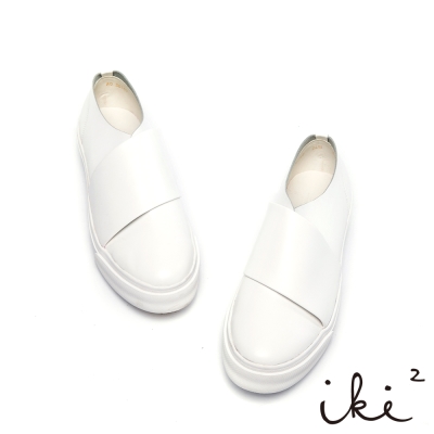 iki2潮流個性-素面真皮交錯設計厚底休閒鞋-白