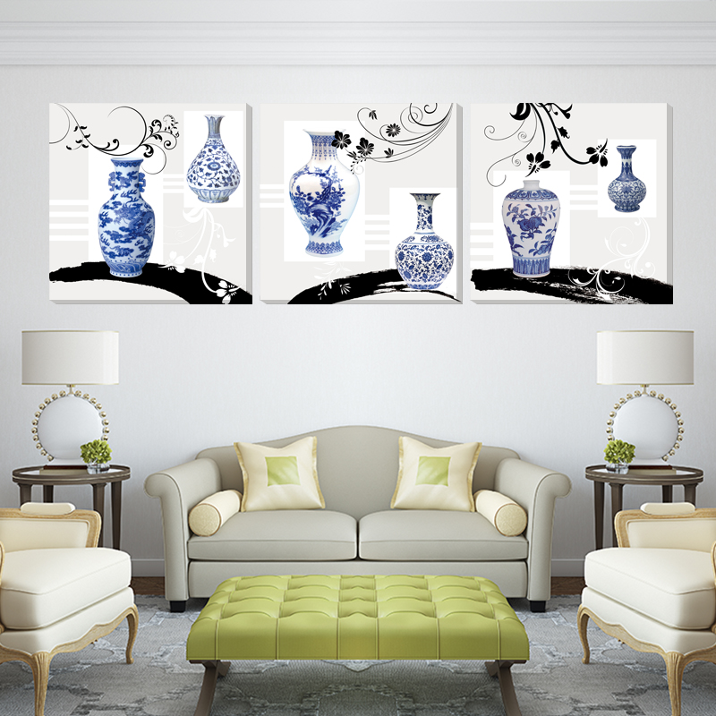 客厅装饰画现代简约三联画沙发背景墙画挂画壁画无框画简约花瓶画