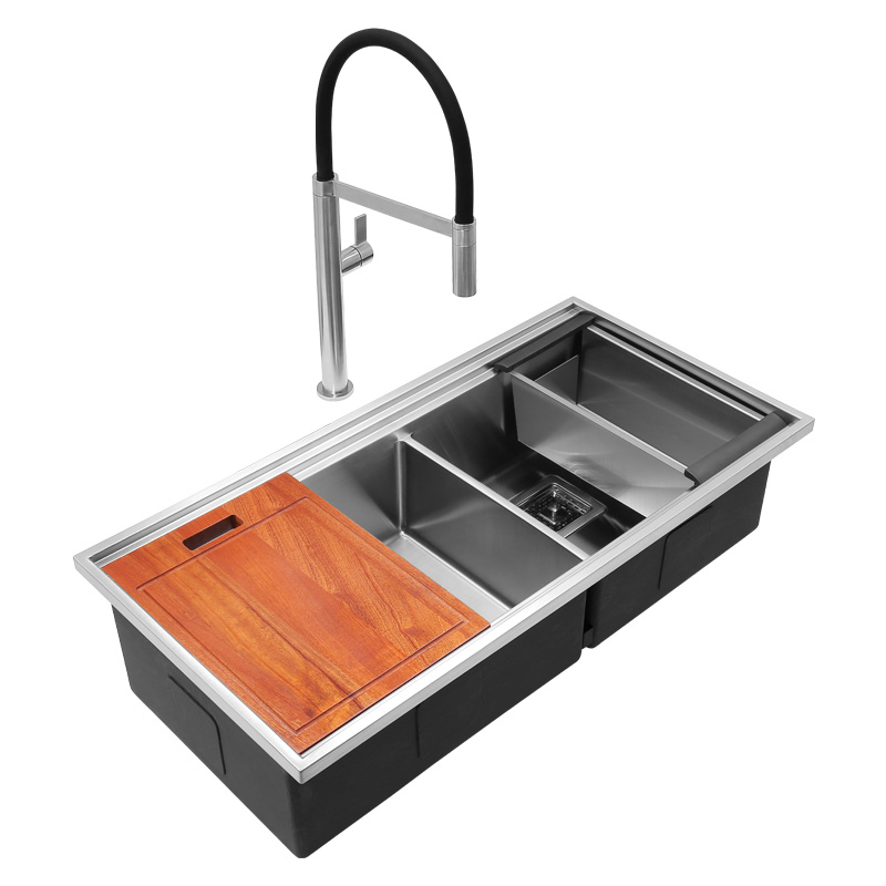邦州 3D隐形水槽双槽 个性化厨房洗菜盆 304不锈钢纯手工水槽套餐