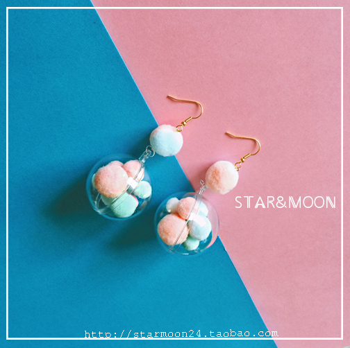 STARMOON原创手作摩登童趣秋冬新品立体透明彩色毛绒球耳环耳夹