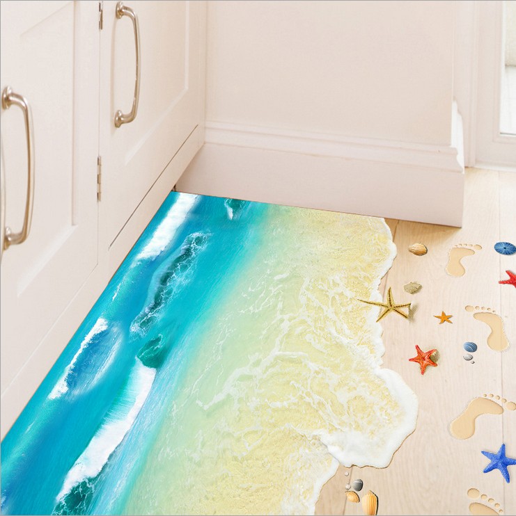 3D立体感墙贴纸沙滩海洋贴画宿舍卫生间浴室地板地贴卧室防水自粘