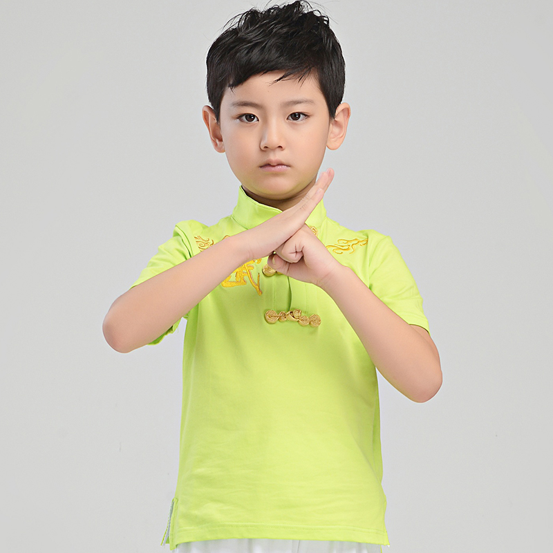 正品训练表演两用！莱卡棉中式儿童武术T恤 立领中国风短袖武术练